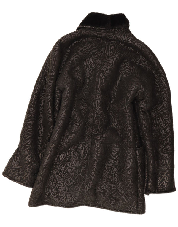 Vintage mujeres patrón abstracto shearling abrigo Reino Unido 14 negro medio
