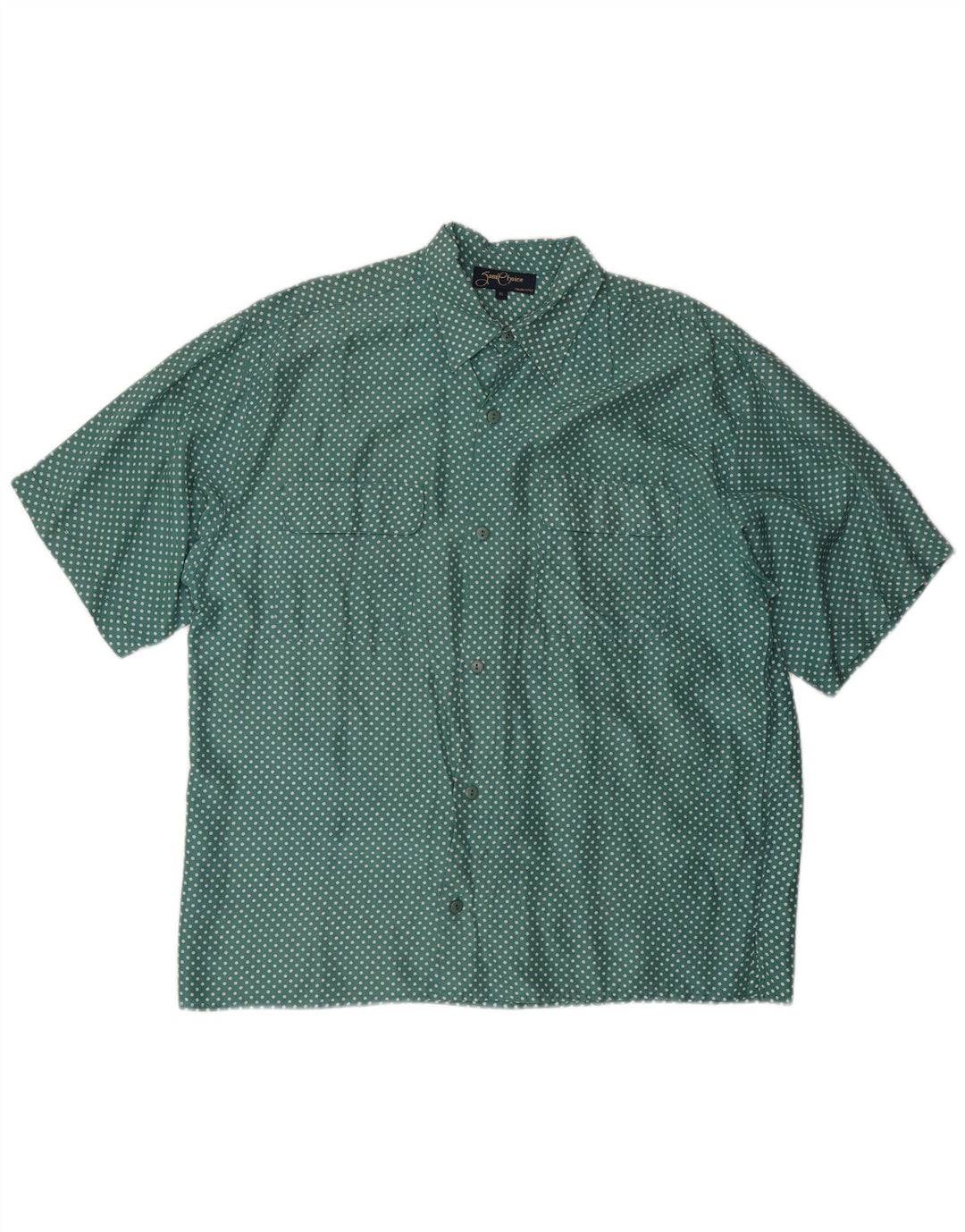 VINTAGE Camisa de manga corta para hombre XL Seda manchada verde