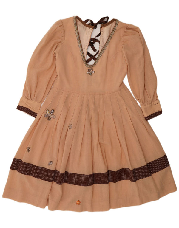 Vintage mujer gráfico A-Line vestido Reino Unido 12 bloque de color beige medio