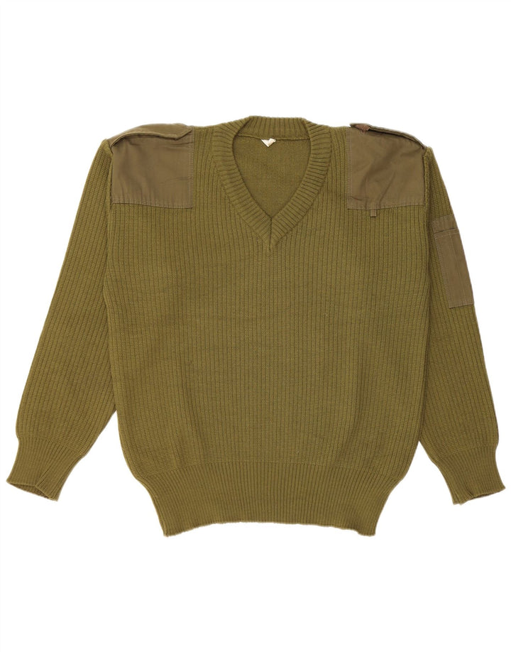 Vintage hombres militar V-cuello jumper suéter medio caqui