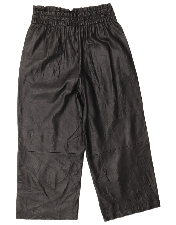 ZARA Mujer Pantalón Crop Wide Leg De Piel Sintética XS W25 L20 Negro