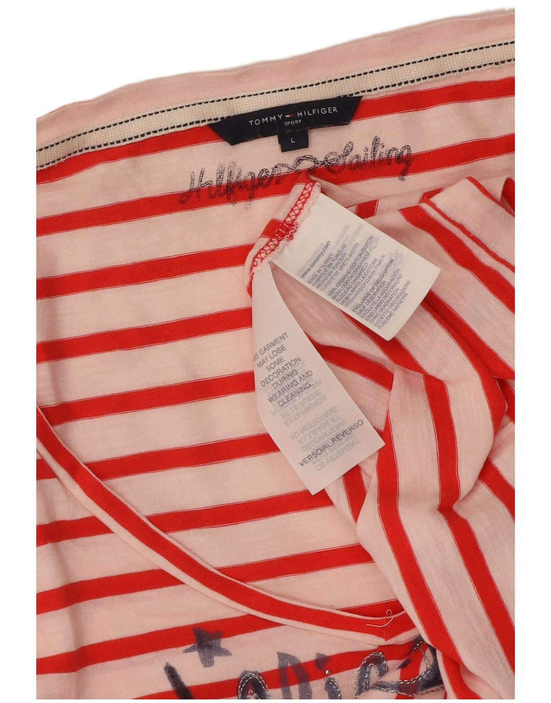 TOMMY HILFIGER Camiseta corta con gráfico para mujer UK 40 Large Red Stripes