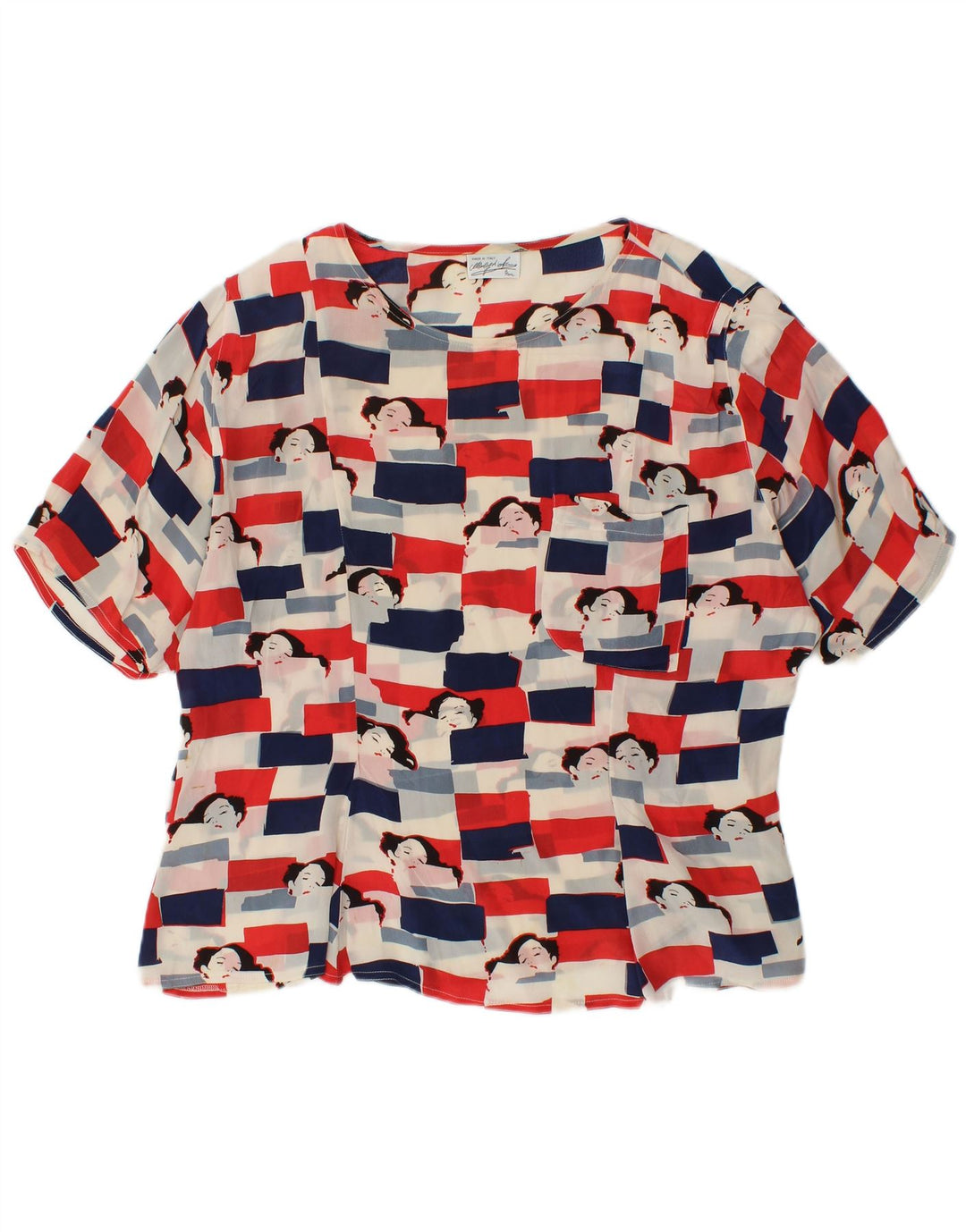 VINTAGE Blusa gráfica para mujer Top UK 18 XL Acetato multicolor