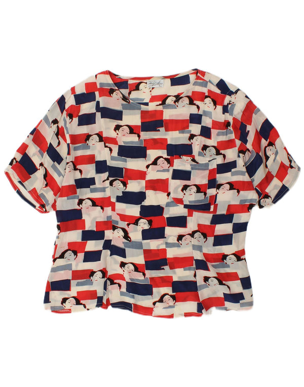 VINTAGE Blusa gráfica para mujer Top UK 18 XL Acetato multicolor