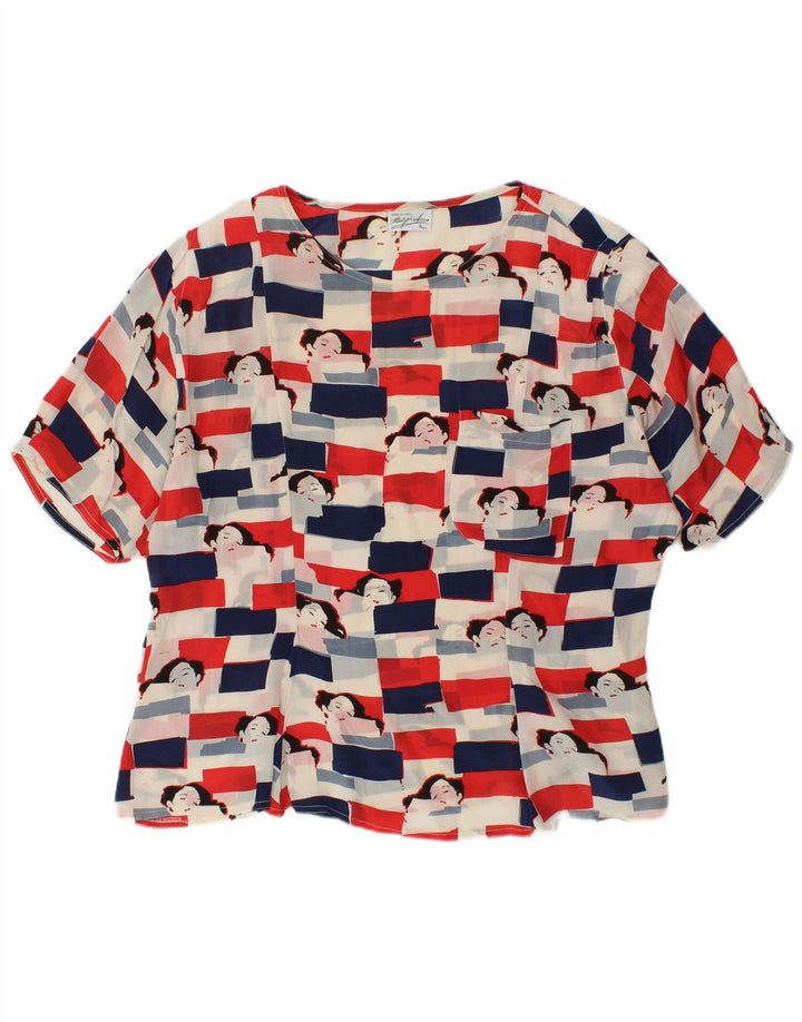 VINTAGE Blusa gráfica para mujer Top UK 18 XL Acetato multicolor