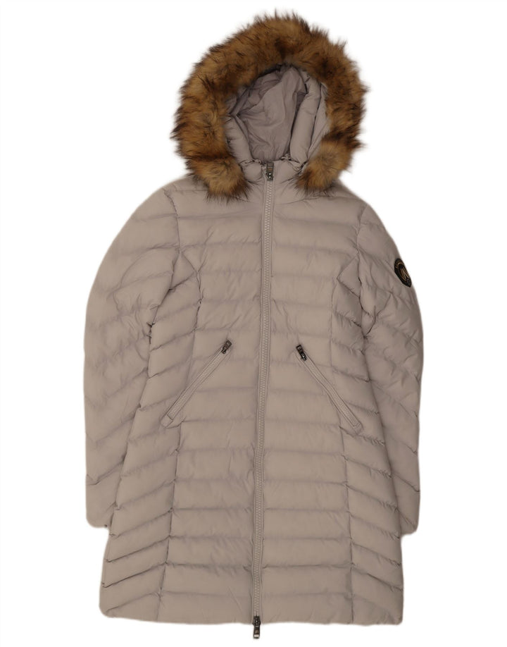 Superdry Abrigo acolchado con capucha para mujer, talla 40, poliéster gris pequeño
