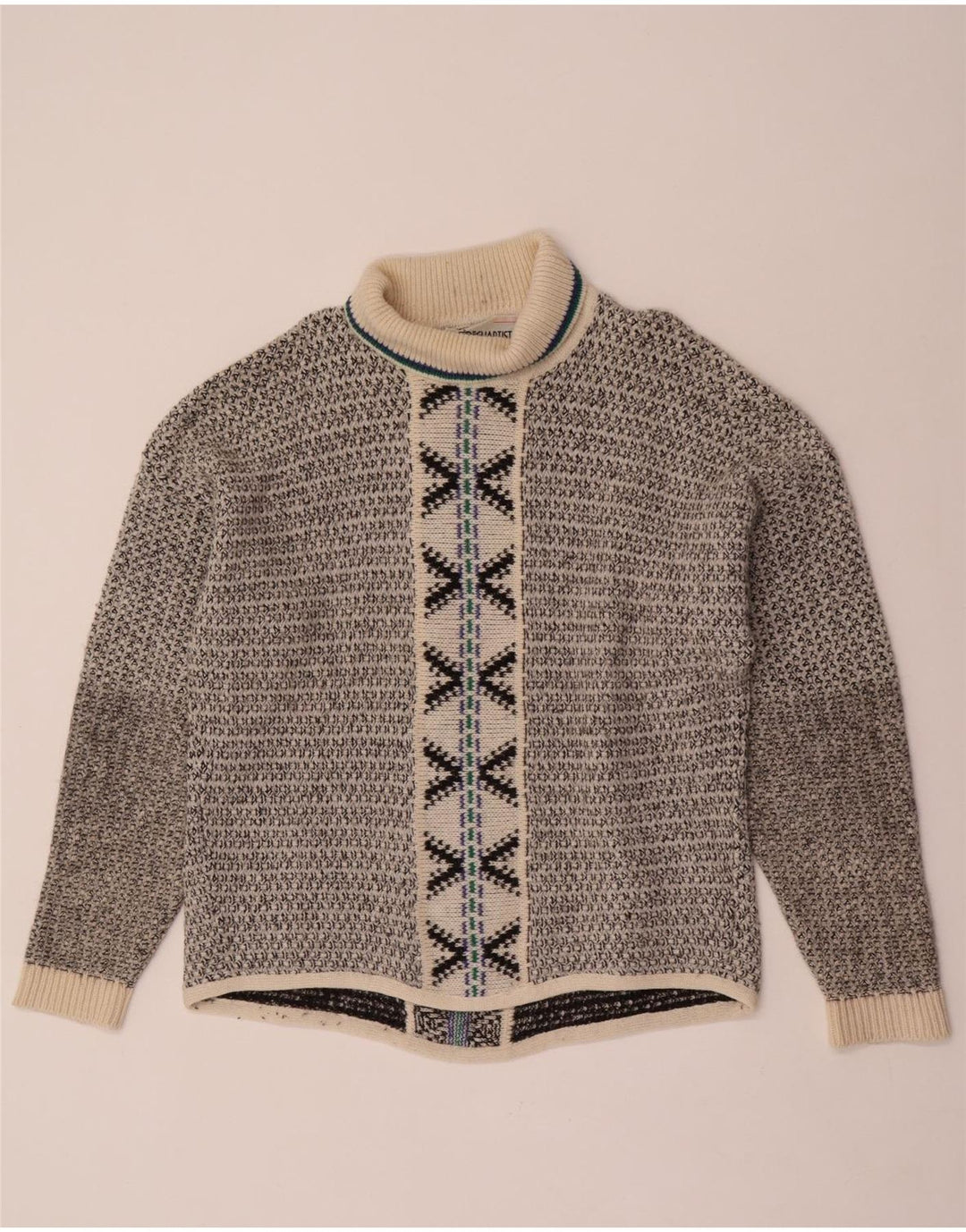 Vintage hombres rollo cuello jersey suéter grande gris lana geométrica