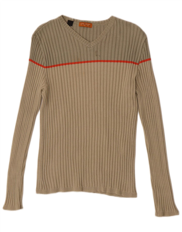 Zara Hombre Jersey Con Cuello De Pico Algodón Color Block Beige Medio