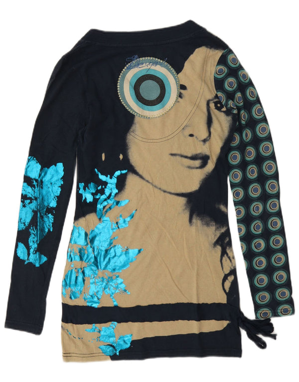 Desigual Mujer Gráfico Top Manga Larga UK 6 XS Azul Marino Algodón Geométrico