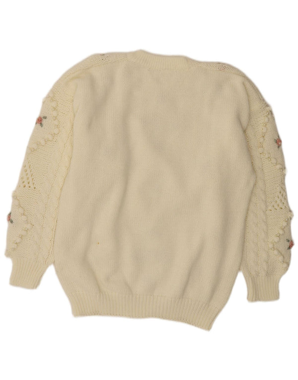 Vintage mujer cuello redondo jersey suéter Reino Unido 20 2XL off blanco floral
