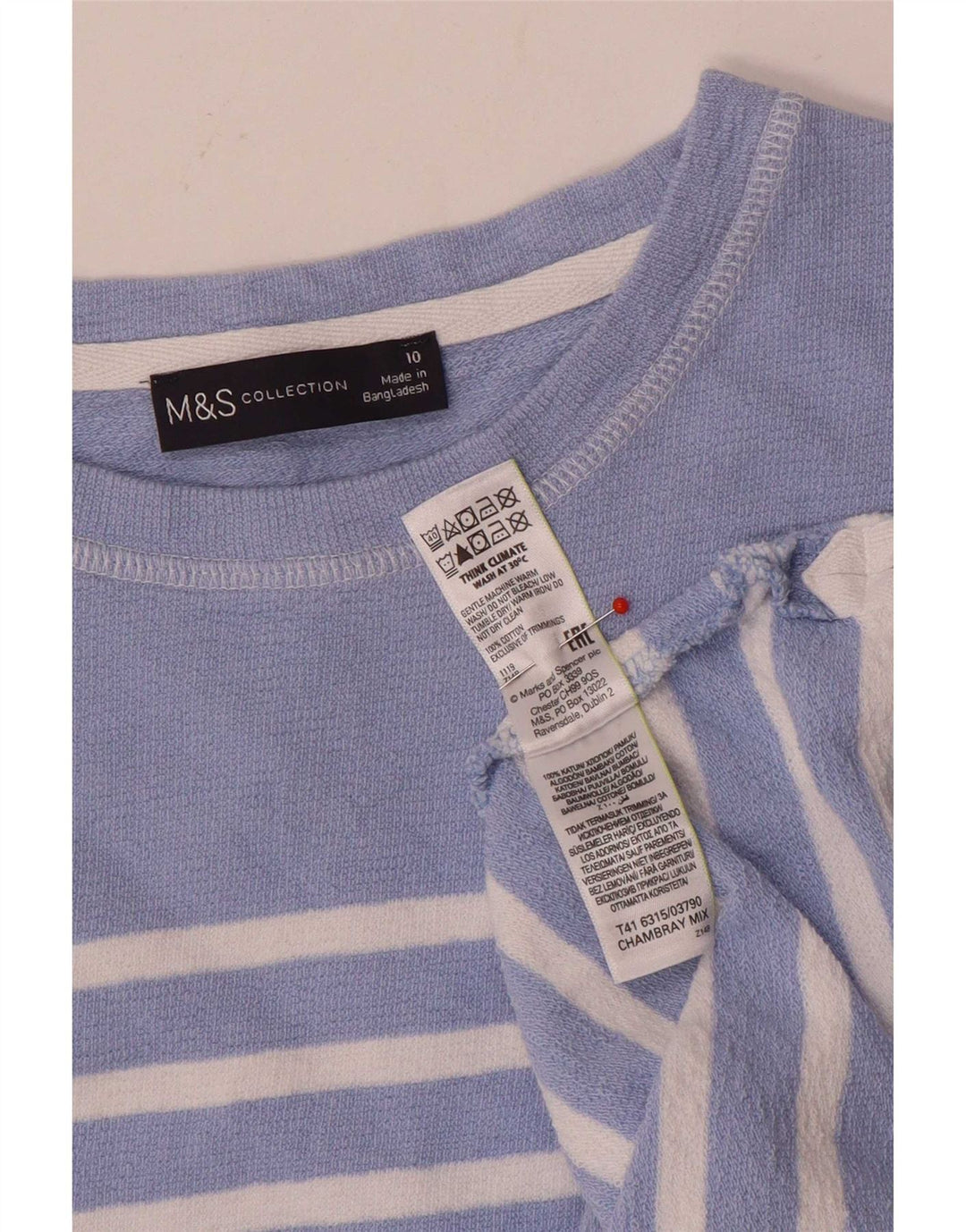 Marks & Spencer - Camiseta de manga larga para mujer, talla 40, talla pequeña, algodón a rayas azules