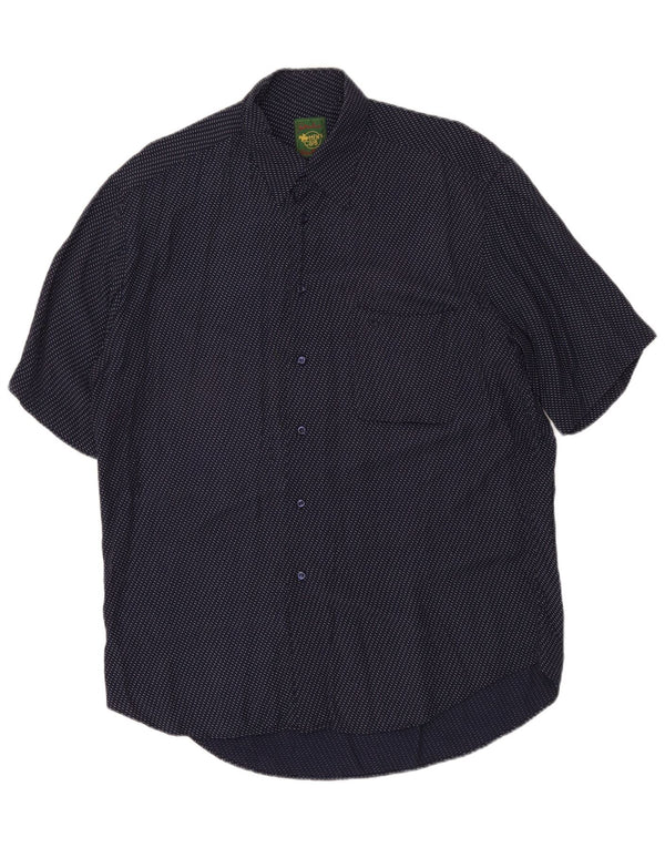 VINTAGE Camisa de manga corta para hombre Talla 41 16 Viscosa moteada azul marino grande