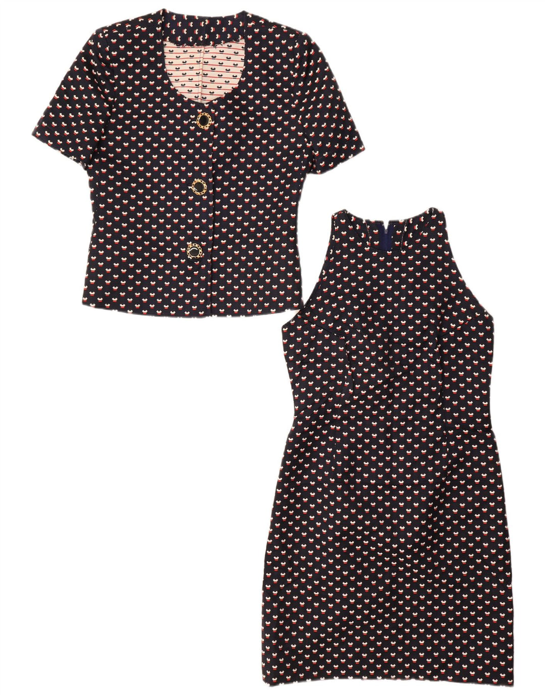 VINTAGE Mujer 3 Botones 2 Piezas Set UK 12 Medio Azul Marino Manchado