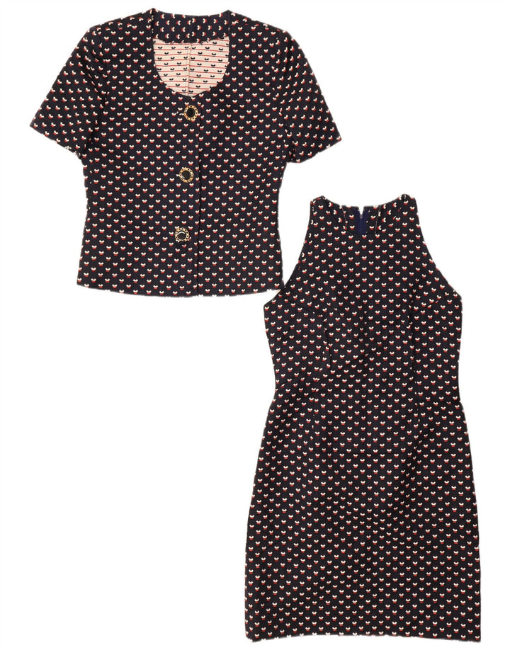 VINTAGE Mujer 3 Botones 2 Piezas Set UK 12 Medio Azul Marino Manchado