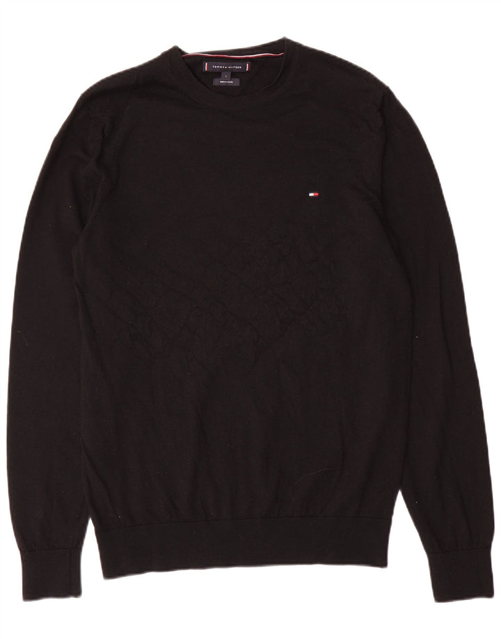 Tommy Hilfiger Jersey de cuello redondo para hombre, talla grande, de lana negra