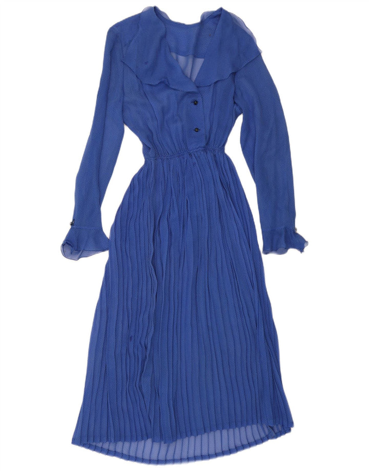 Vintage mujer manga larga Maxi vestido Reino Unido 12 azul medio manchado