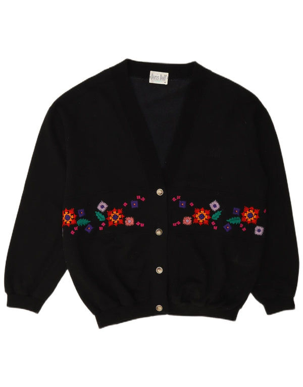 Vintage mujer Cardigan suéter Reino Unido 14 algodón floral negro medio