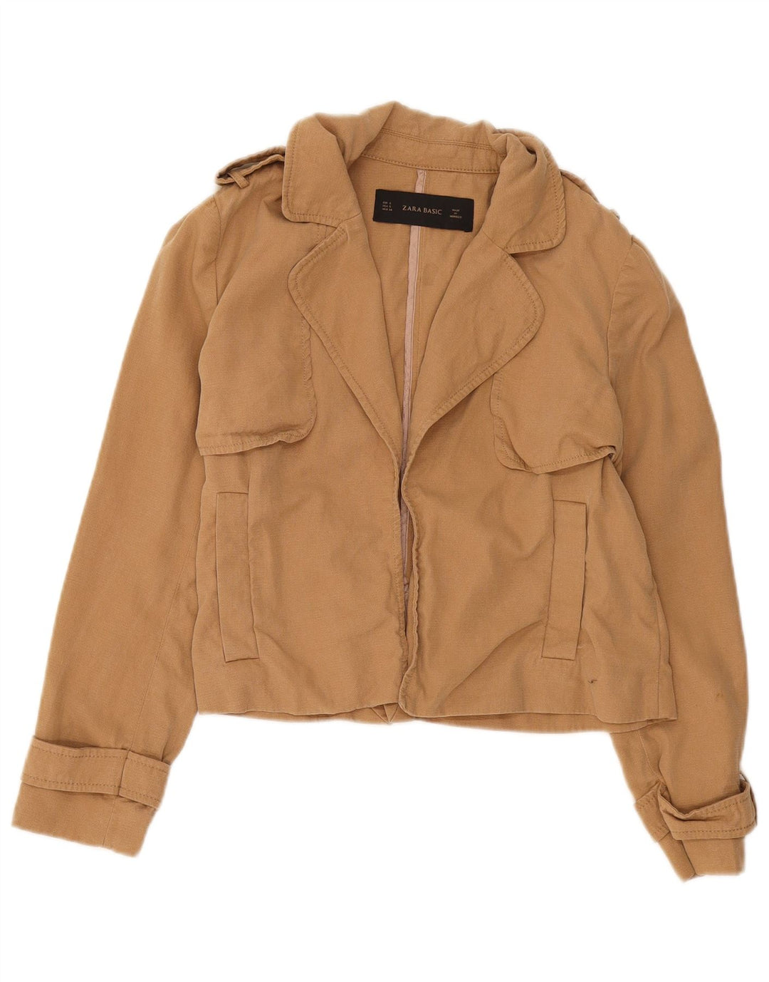 Zara Mujer Chaqueta Militar Abierta De Gran Tamaño UK 10 Small Beige Lyocell
