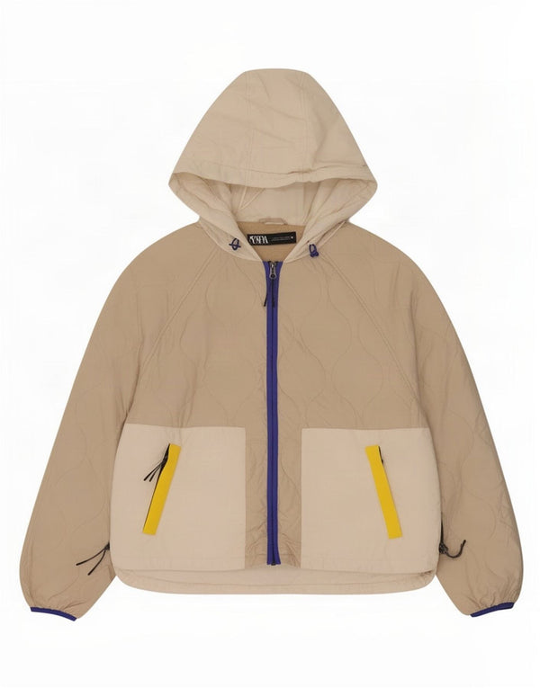 Zara Mujer Chaqueta Acolchada Con Capucha UK 46 Grande Beige Colorblock Poliéster