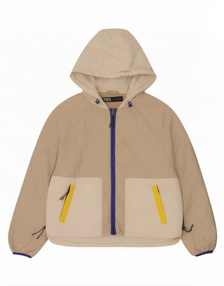 Zara Mujer Chaqueta Acolchada Con Capucha UK 46 Grande Beige Colorblock Poliéster