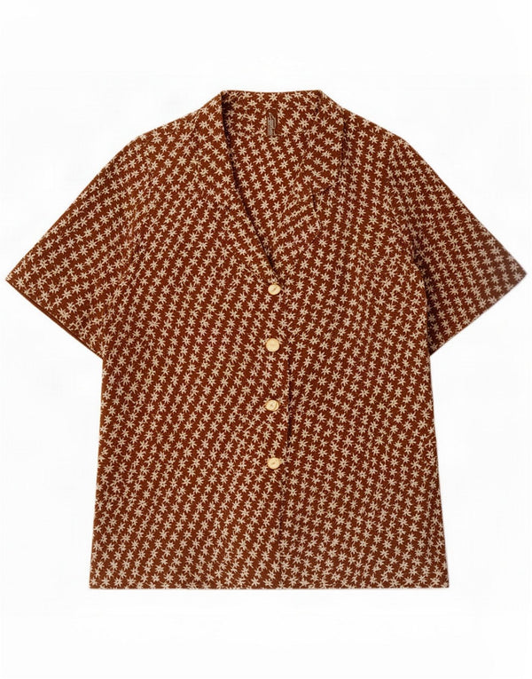 Blusa estilo camisa larga de manga corta vintage para mujer UK 46 Large Brown Floral