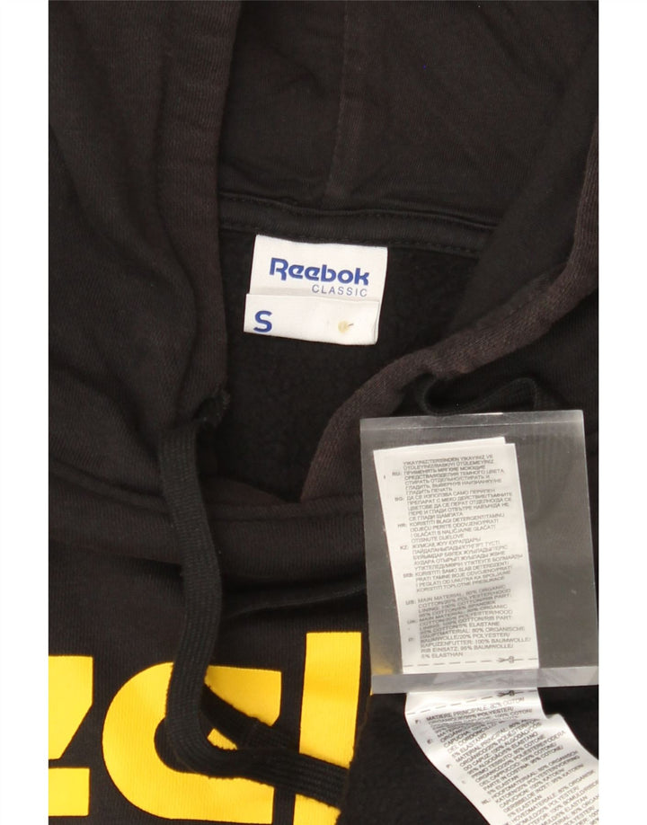 REEBOK Sudadera con capucha clásica y gráfica para hombre, talla pequeña, algodón negro con bloques de color