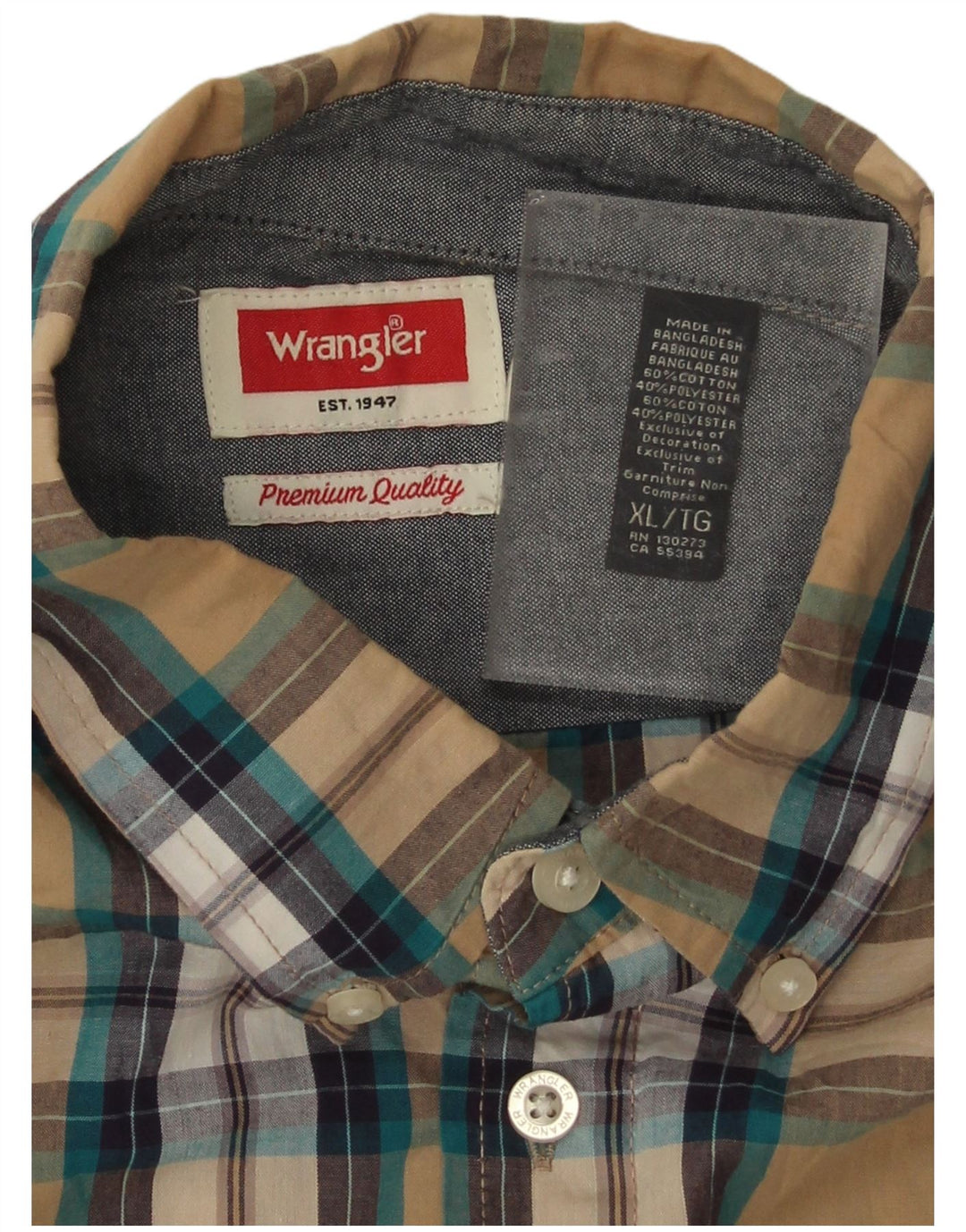 Wrangler Camisa De Manga Corta Hombre XL Algodón A Cuadros Beige