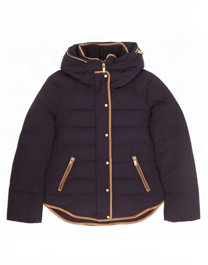 Zara Mujer Chaqueta Acolchada Con Capucha UK 10 Small Poliéster Azul Marino