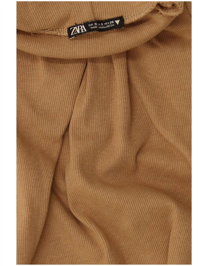 Zara Mujer Top Corto Con Cuello Vuelto Reino Unido 8 Pequeño Algodón Marrón