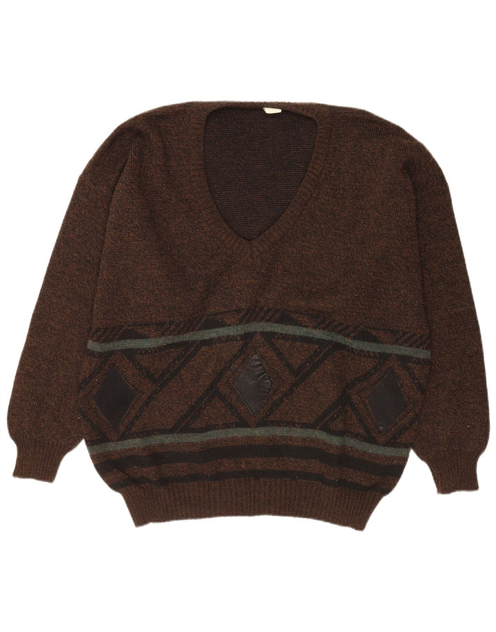 VINTAGE Hombres V-Cuello Jumper Suéter Grande Marrón Argyle/Diamante