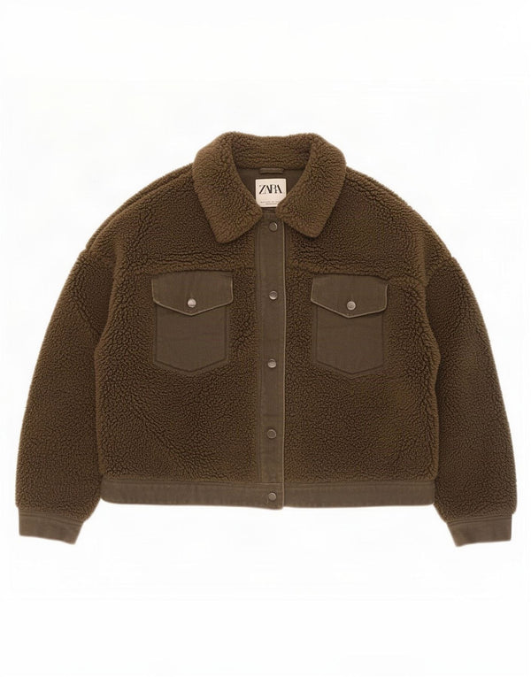 Zara Mujer Crop Sherpa Chaqueta UK 44 Grande Caqui Poliéster