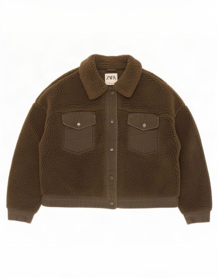 Zara Mujer Crop Sherpa Chaqueta UK 44 Grande Caqui Poliéster