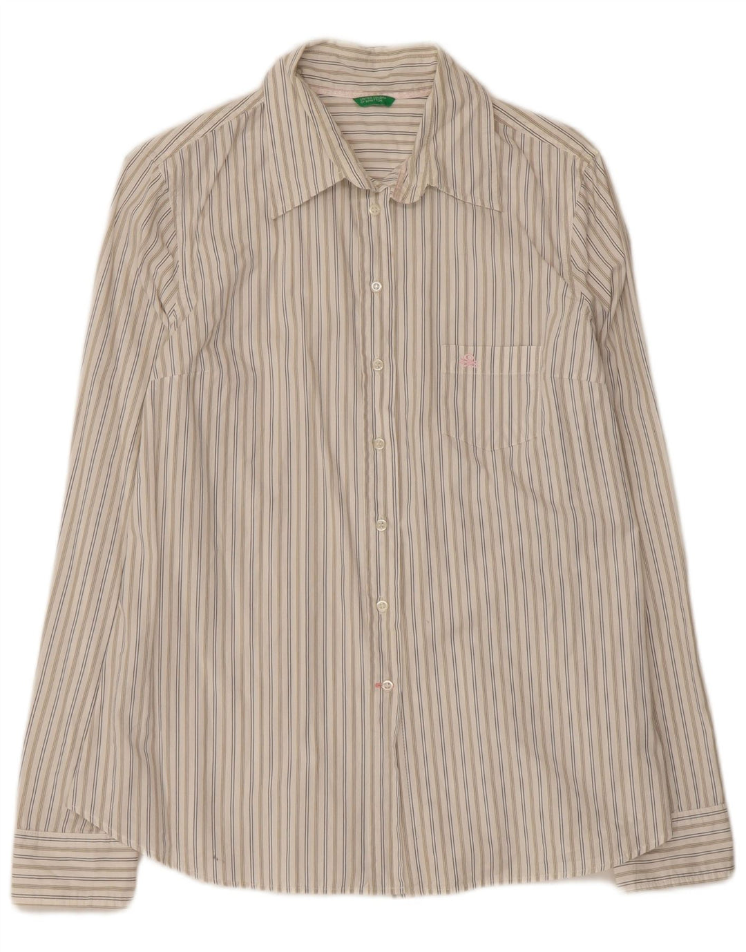 Camisa Benetton Mujer ES 44 Grande De Algodón A Rayas Blanco Roto