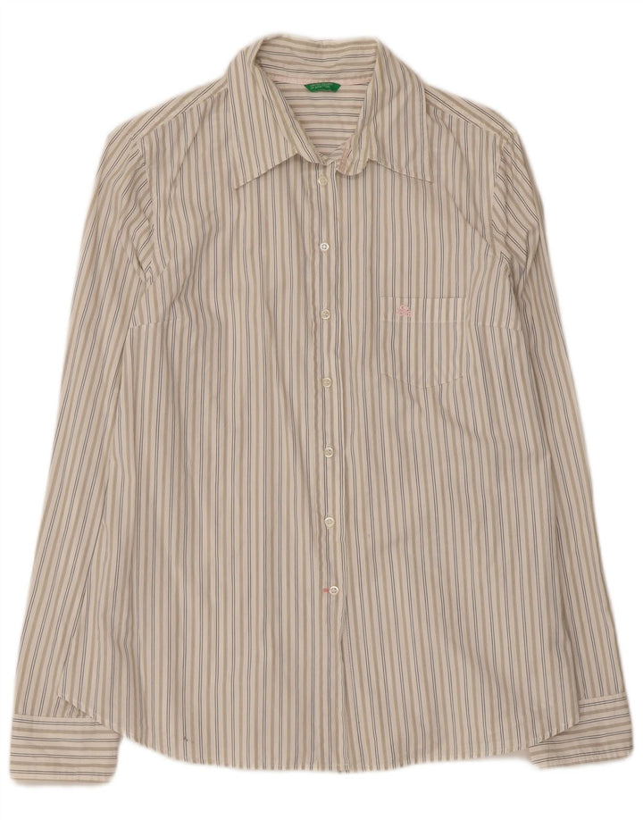 Camisa Benetton Mujer ES 44 Grande De Algodón A Rayas Blanco Roto