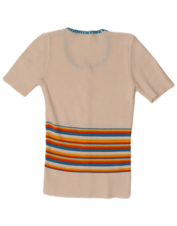 Vintage mujer 1/2 manga blusa corta Top UK 4 XS blanco rayas