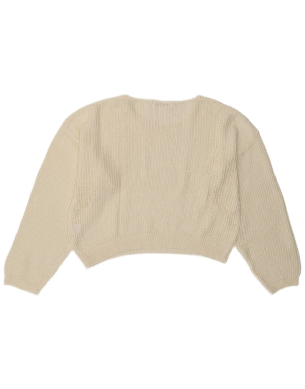 VINTAGE Mujer Crop Boat Neck Jumper Suéter Reino Unido 14 Medio Blanco Apagado