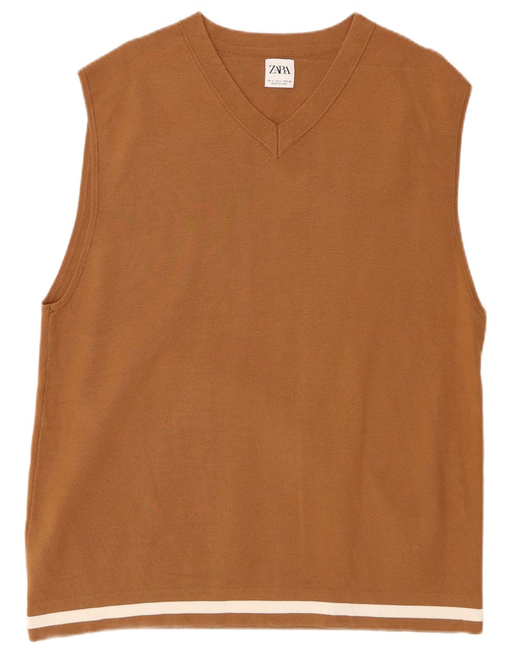 ZARA Hombre Chaleco Tank Top Large Marrón Viscosa
