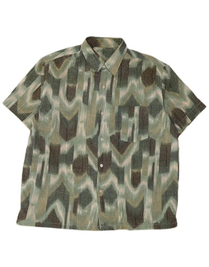 VINTAGE camisa de manga corta para hombre grande verde geométrico