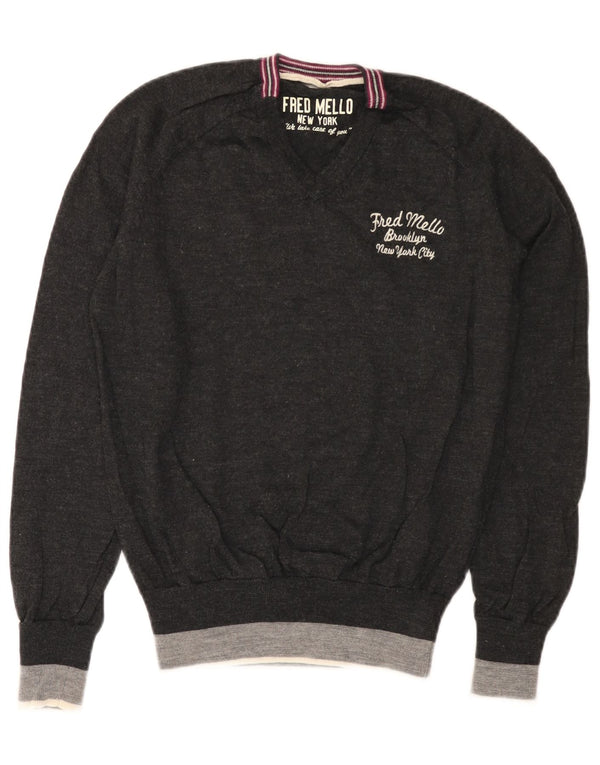 Fred Mello Suéter gráfico con cuello en V para mujer UK 10 Small Grey