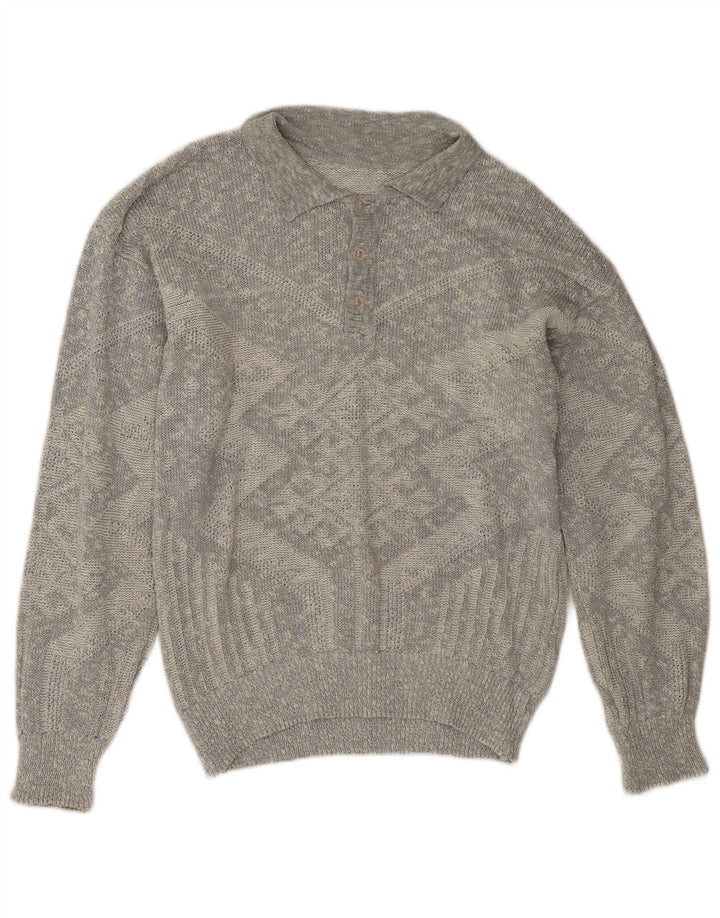 Vintage hombres polo cuello jersey suéter grande gris geométrico