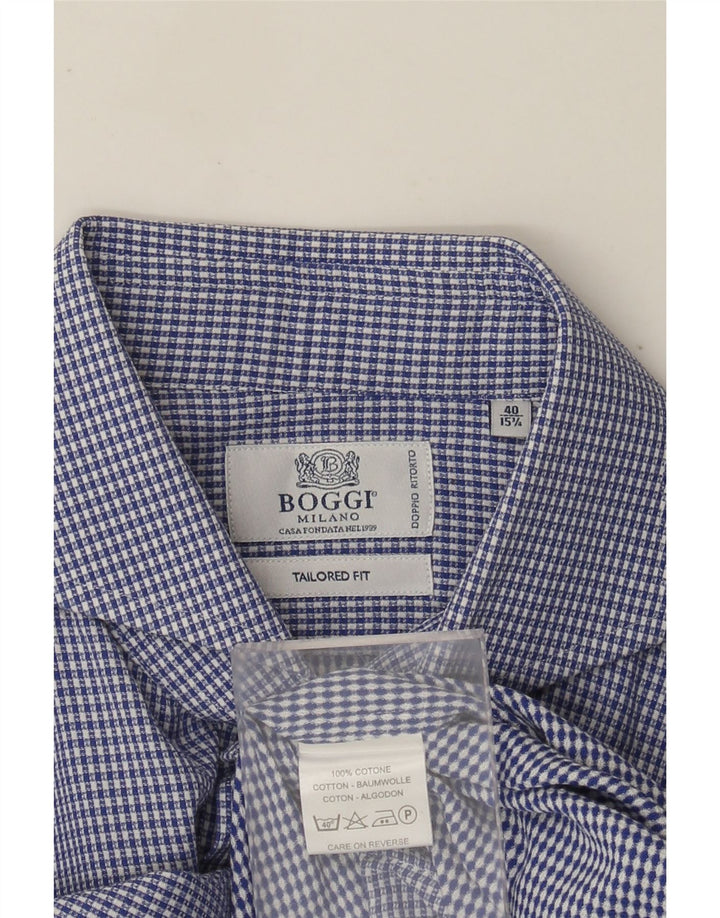 Camisa Boggi Hombre Talla 40 15 3/4 Algodón Vichy Azul Medio