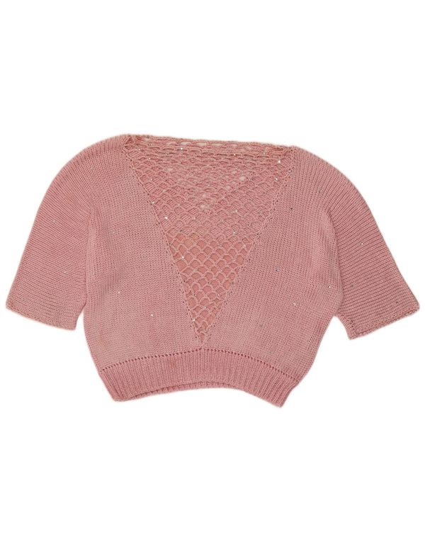Vintage mujeres crop barco cuello jersey suéter Reino Unido 14 medio rosa manchado
