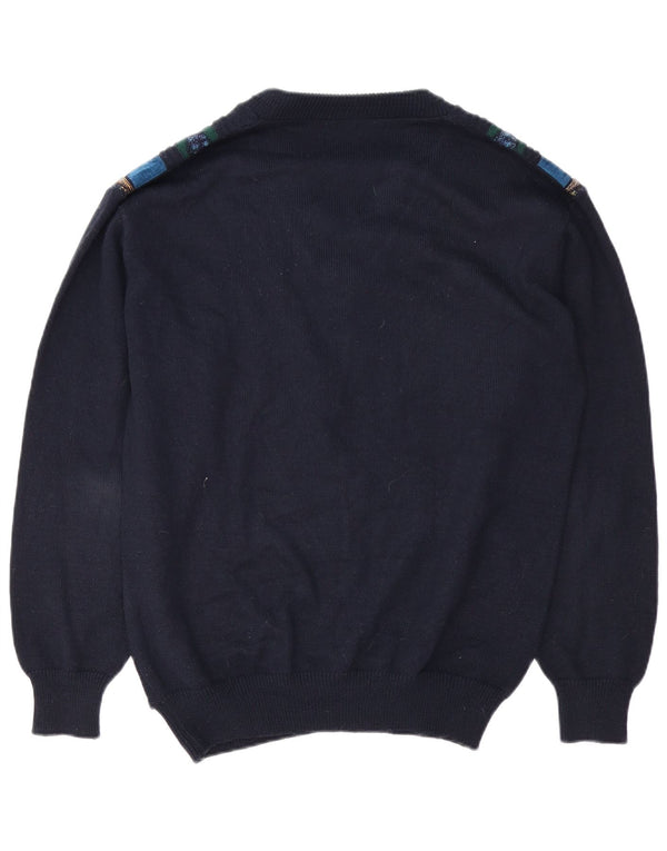 Vintage hombres V-cuello jumper suéter grande azul marino geométrico poliacrílico