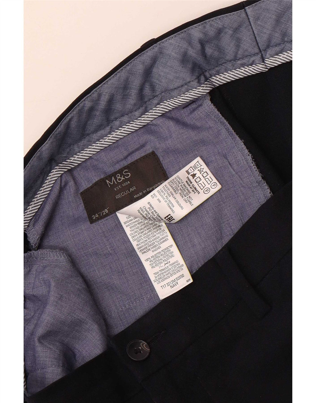 Marks & Spencer Pantalón chino regular para hombre W34 L29 Poliéster azul marino