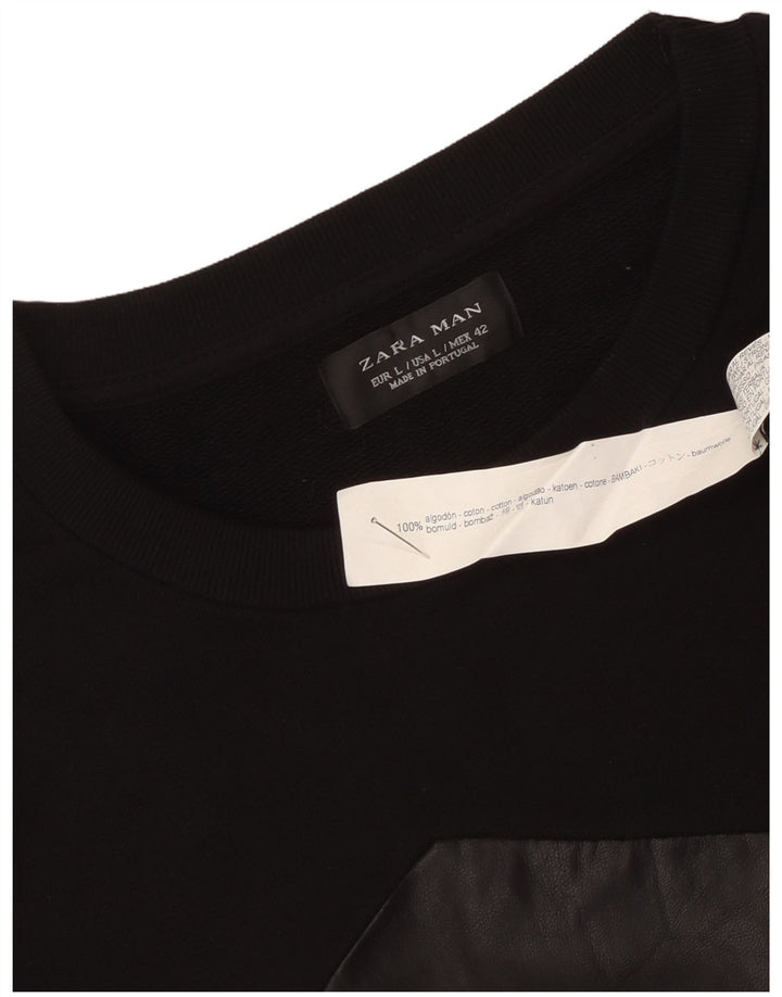 Zara Hombre Sudadera Jumper Large Negro Colorblock Algodón
