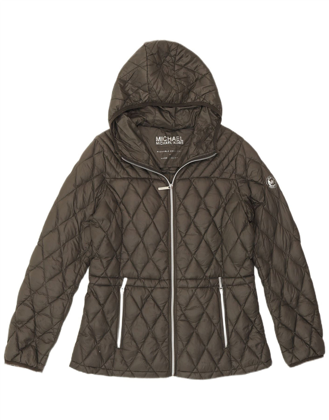 MICHAEL KORS Chaqueta acolchada con capucha para mujer UK 44 Nylon gris medio