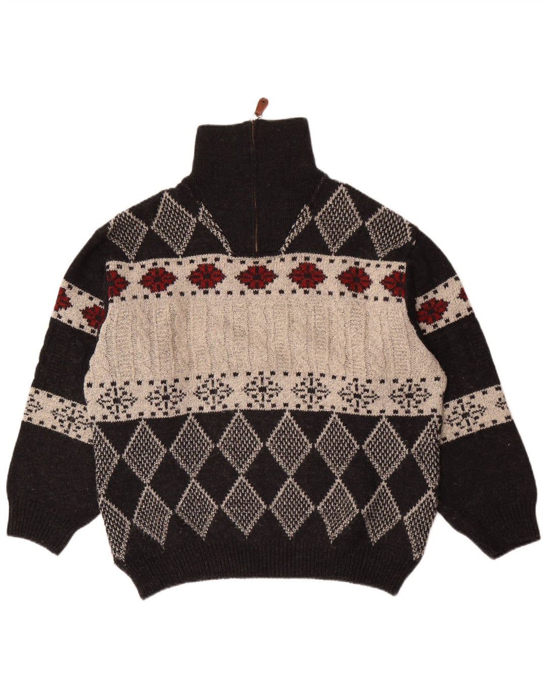 Vintage hombres zip cuello jumper suéter IT 48 Medio Negro Argyle/Diamond