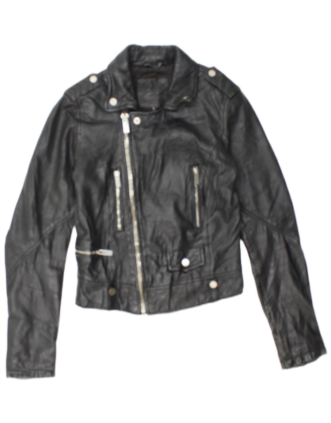 BERSHKA Womens Crop Leather Biker Jacket UK 10 Small Black Leather