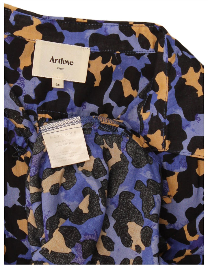 Vintage mujer blusa de gran tamaño Top EU 36 Pequeño Azul Animal Print Algodón
