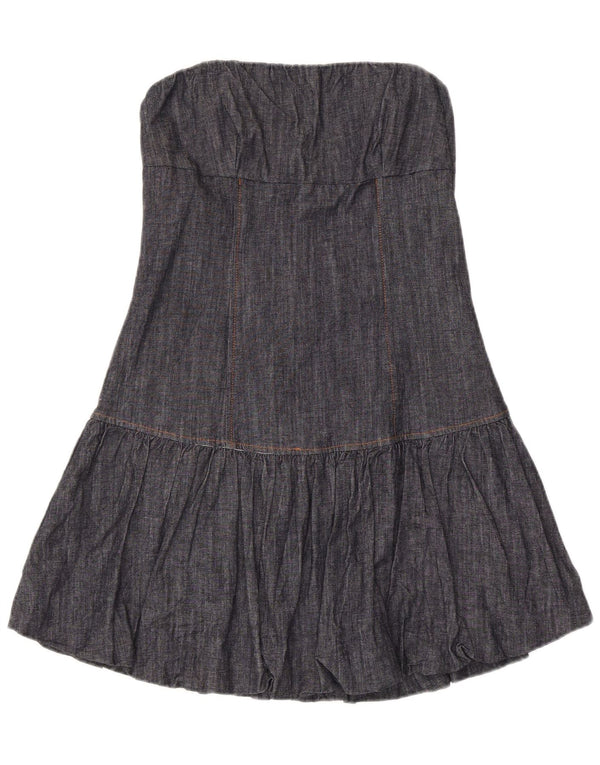 Vintage mujer denim mini vestido sin tirantes Reino Unido 14 algodón azul marino grande